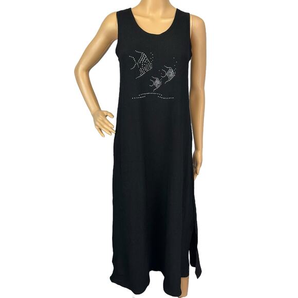 2/$30 Vintage 90s Kowah Rhinestone Fish Swim Cover Up Midi Dress Black Size S - Picture 1 of 7